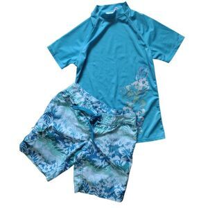 Kanu Surf Swimwear Women XS Blue Green‎ Floral Tropical Rash Guard And Shorts